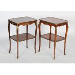 A pair of French mahogany and gilt metal mounted occasional tables, the quarter feather banded