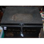 A late 19th / early 20th century black enamelled document box, the front painted with "The