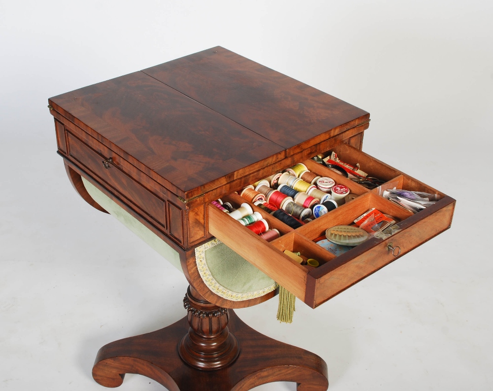 A 19th century mahogany drop leaf sewing / work table, the square top formed of two well figured - Image 7 of 8