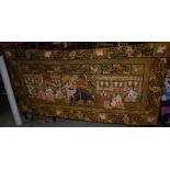 Large South East Asian embroidered wool wall hanging, the central scene of figures