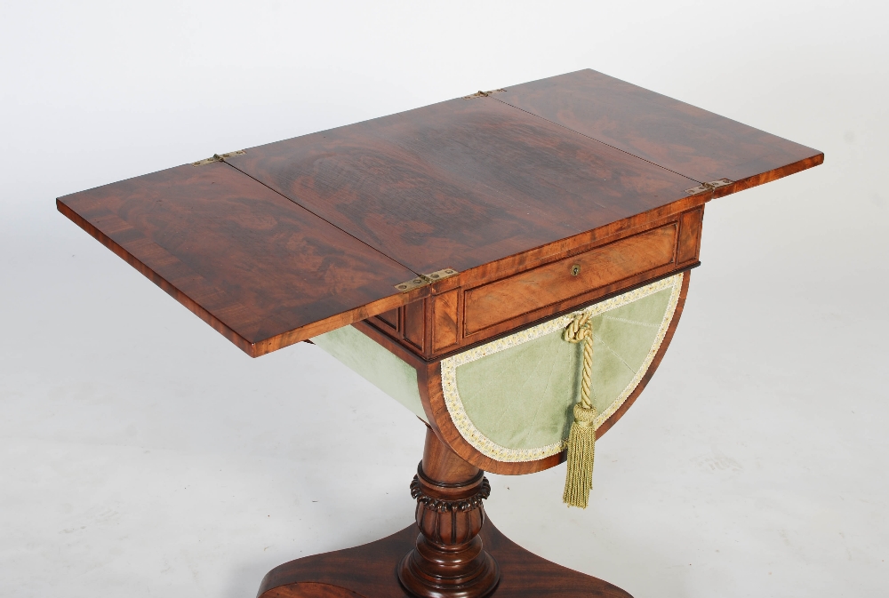 A 19th century mahogany drop leaf sewing / work table, the square top formed of two well figured - Image 5 of 8