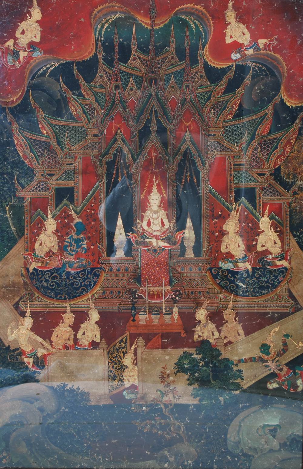 An early 20th century Siamese / Thai school Buddhist painted panel, probably a Thotsachat scene,
