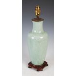 Chinese porcelain celadon vase converted to a table lamp, Qing Dynasty, with incised decoration of
