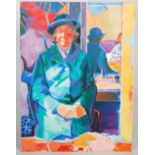 AR Daniel Stephen (1921-2014) The green coat, portrait of a lady oil on canvas 101.5cm x 76cm