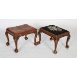 A pair of George II style walnut stools, the square cabriole legs carved with scalloped detail and