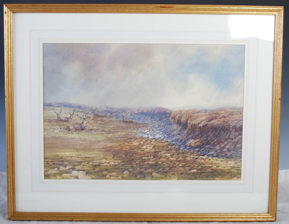 AR Ian R Oates (Scottish 1950 - 2010) Stags resting on the peat, Glen Lochay watercolour on paper, - Image 2 of 4