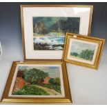 Three framed decorative paintings, including an oil on canvas of a garden scene signed
