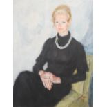 Modern British School Portrait of a Noble Lady, seated in black dress with pearls oil on canvas,