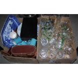 Two boxes - mixed ceramics and glass ware to include blue and white transfer printed items, drinking