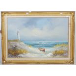 A large late 20th century decorative oil painting, probably Continental, a beach scene with boat and