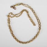 A long yellow metal guard chain, stamped 9ct, gross weight 20.2 grams.