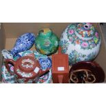 Box - mixed Asian ceramics to include Yixing tea pot, a famille rose ginger jar etc