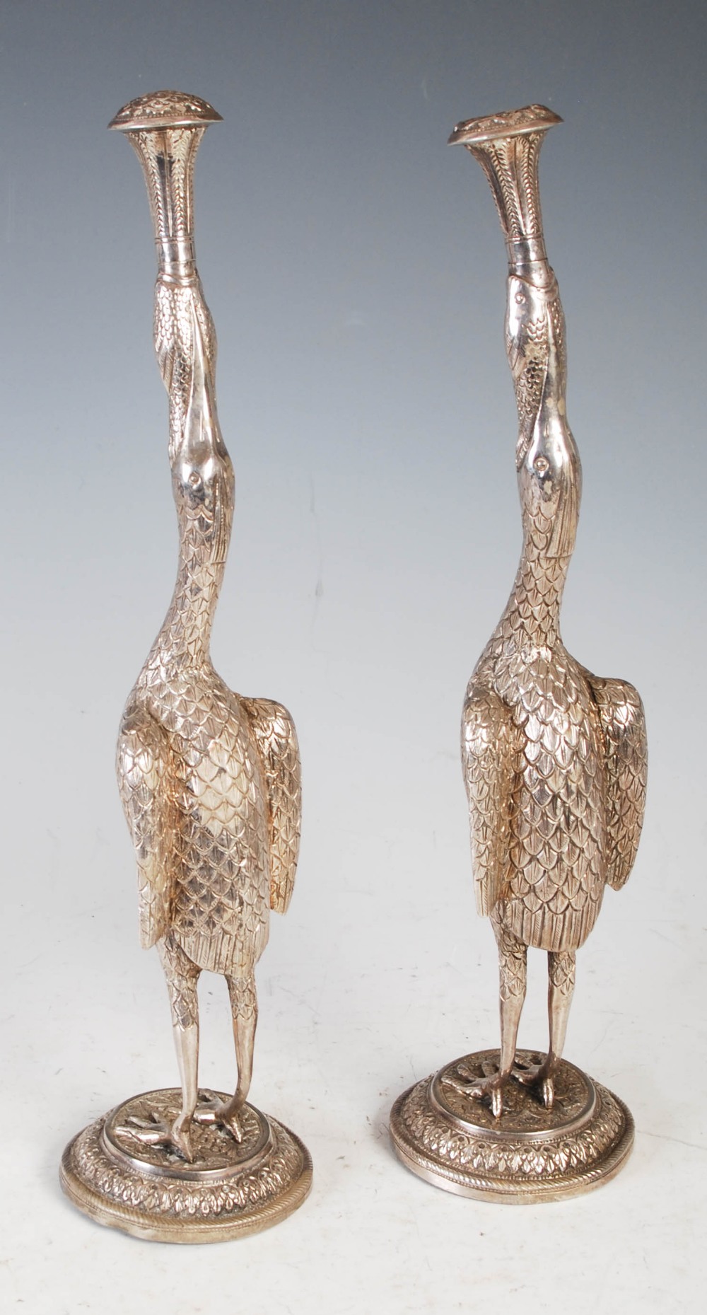 A pair of 19th century Indian silver rosewater sprinklers, modelled as cranes supporting - Image 2 of 5