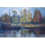 M Grieve (Early 20th century Continental School) An autumn riverbank with boat oil on canvas, signed