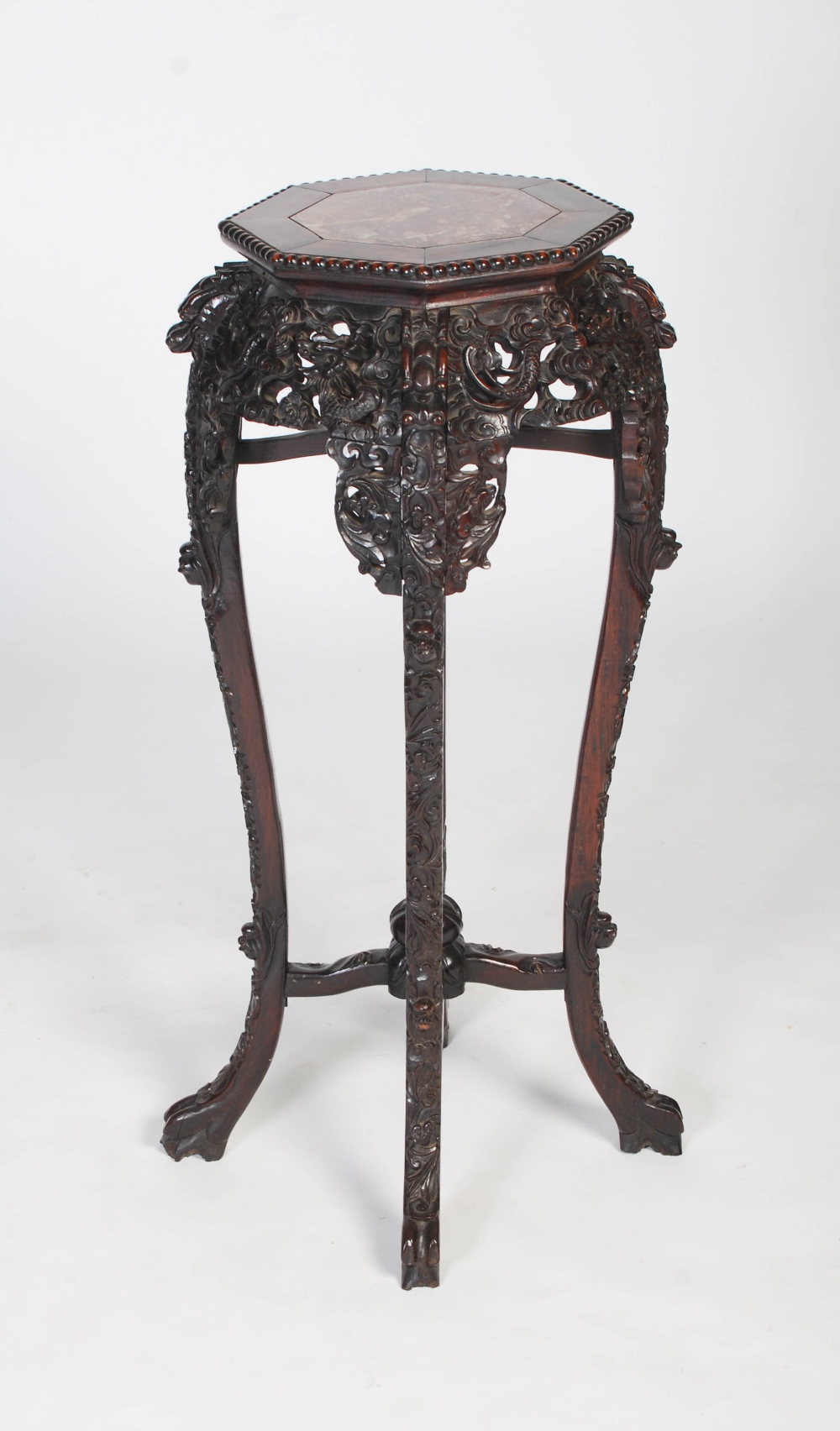 A Chinese carved darkwood jardiniere stand, Qing Dynasty, the octagonal top inset with marble, - Image 6 of 6