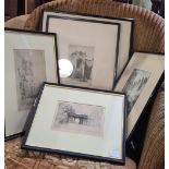 A group of six framed etchings, including a Malcolm Patterson etching of St Andrews Castle, a J