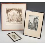 Three framed early 20th century etchings, including a Scottish street scene titled 'Canongate
