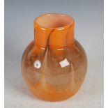 A Monart vase, shape N, mottled orange and brown with five pulled up lines, with opaque white
