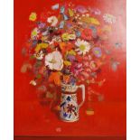 AR David McClure RSA RSW RGI (1926-1998) Still life of mixed blooms in a blue and white jug oil on
