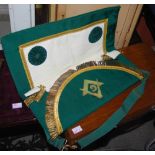 Two 20th century Masonic aprons, including a green example and a teal coloured example, one with