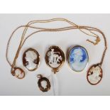 Collection of assorted cameo jewellery, to include three yellow metal mounted cameo brooches, yellow