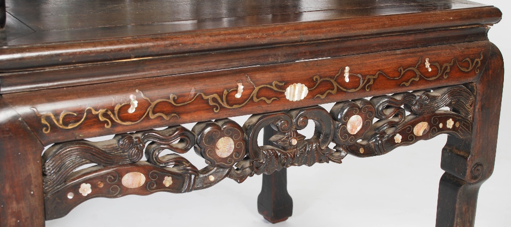 A Chinese carved darkwood and inlaid armchair, Qing Dynasty, the shaped back rail with two carved - Image 4 of 6