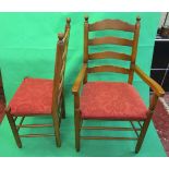 Set of 10 oak framed slat back dining chairs to include 2 carvers