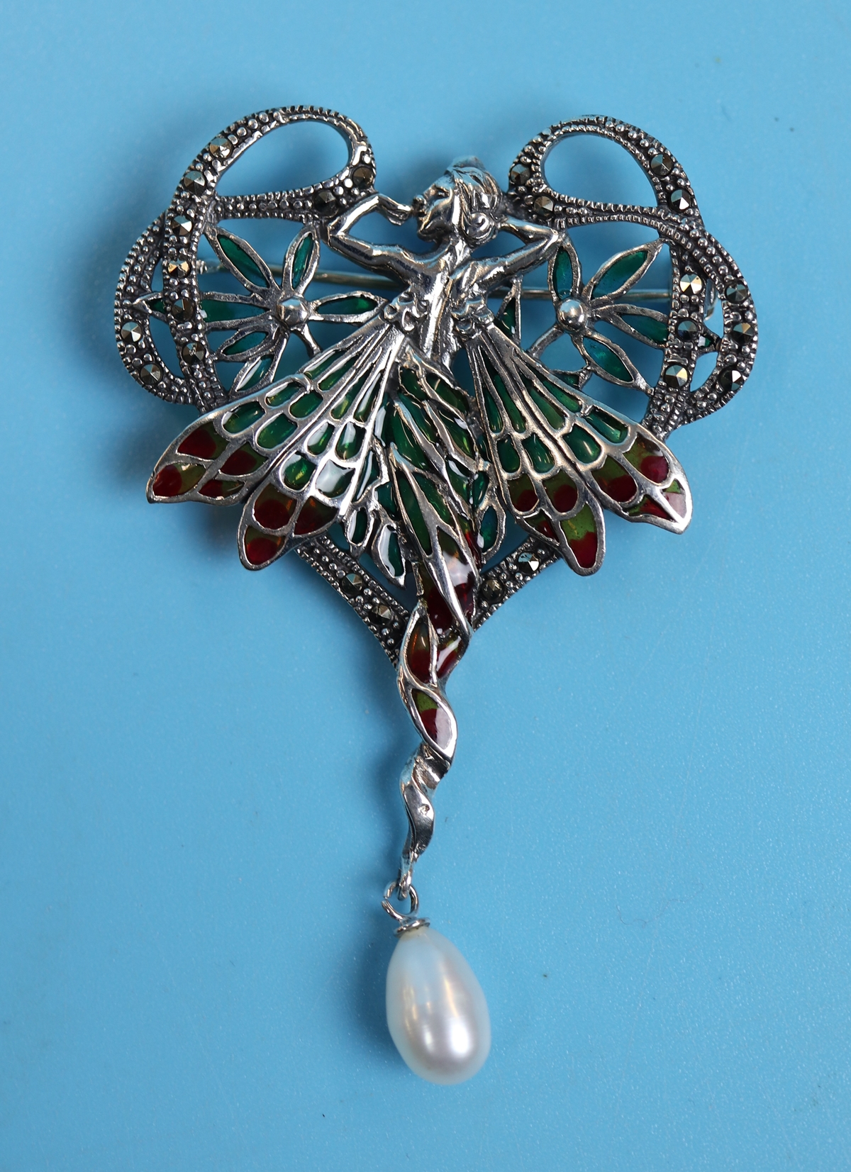 Silver & champlevé enamel fairy brooch / pendant