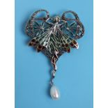 Silver & champlevé enamel fairy brooch / pendant