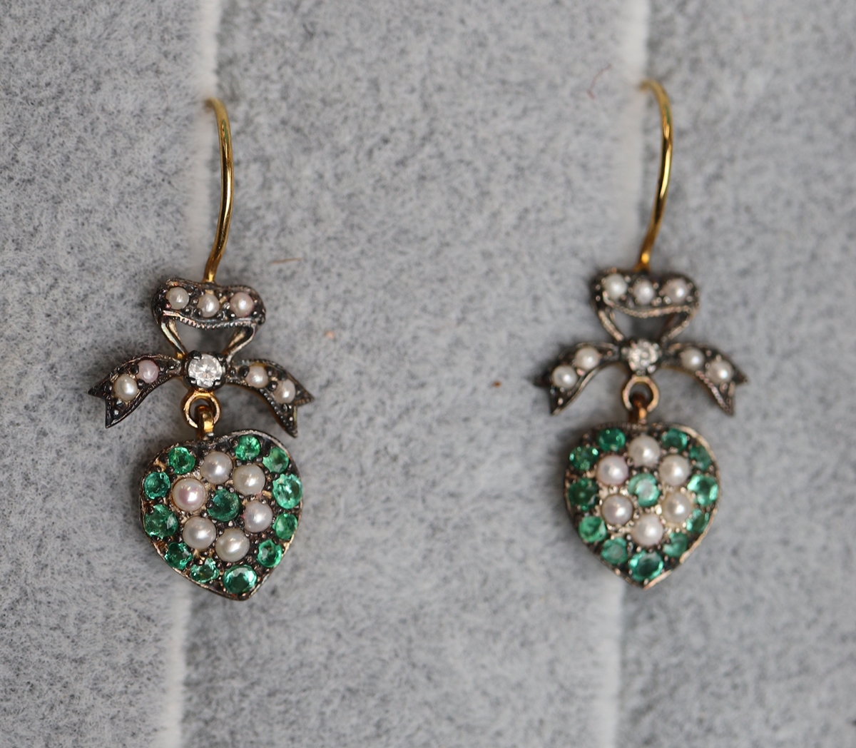 Pair of emerald, diamond & seedpearl heart earrings