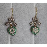 Pair of emerald, diamond & seedpearl heart earrings