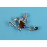 Silver & amber frog brooch