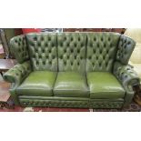 Green leather button-back sofa