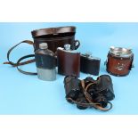 Collection of 3 hip flasks, set of binoculars and equine themed ashtray