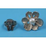 Large silver pearl flower ring & silver Egyptian themed ring