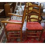 Set of 10 oak framed bar back dining chairs to include 2 carvers