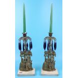 Pair of brass purple drop lustre effect candle sticks on marble bases - Approx H: 37cm