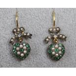 Pair of emerald, pearl & diamond heart earrings