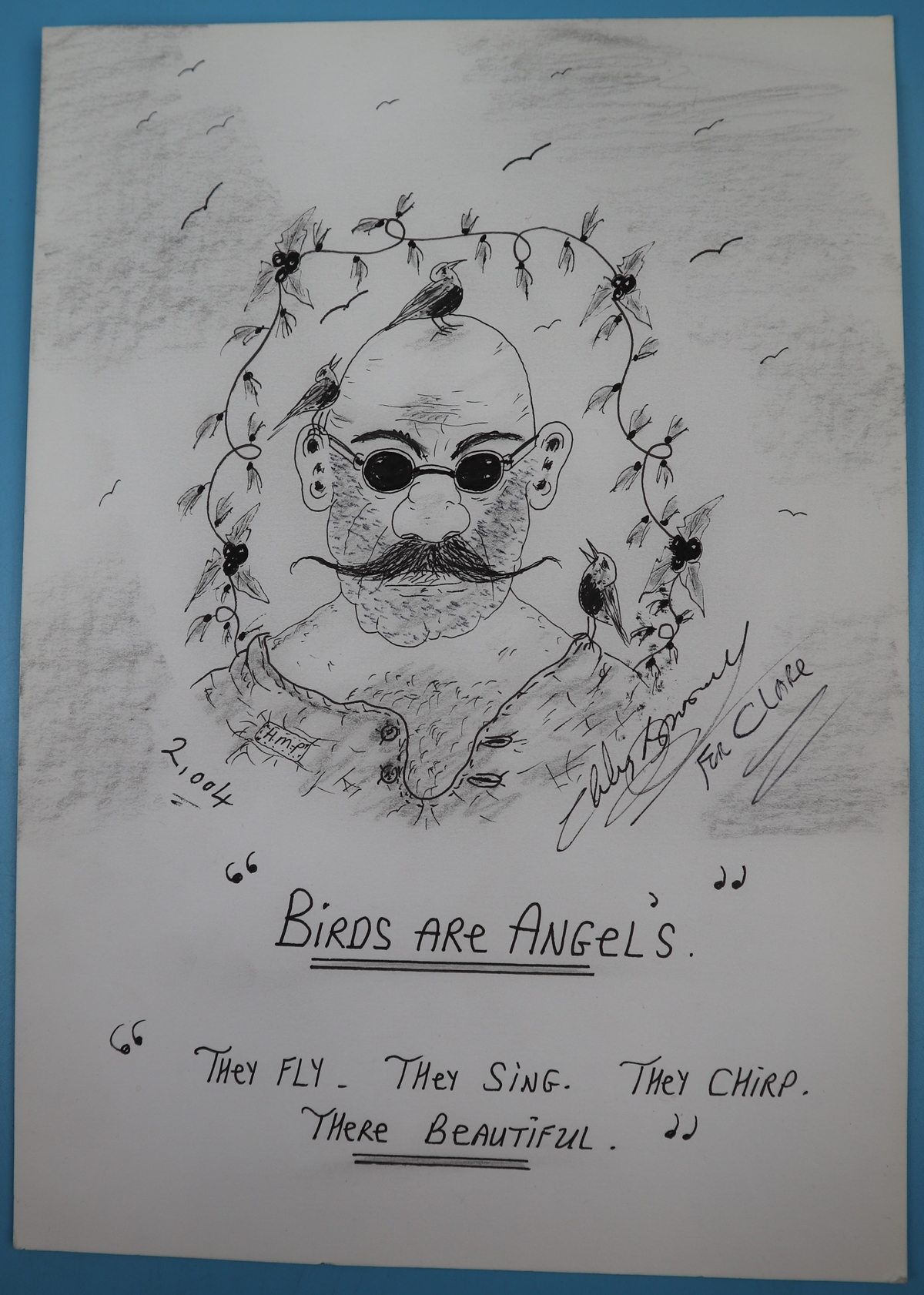 Original Charles Bronson jail art - Birds are Angels - Hand drawn & signed