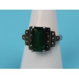 Silver green stone & marcasite ring