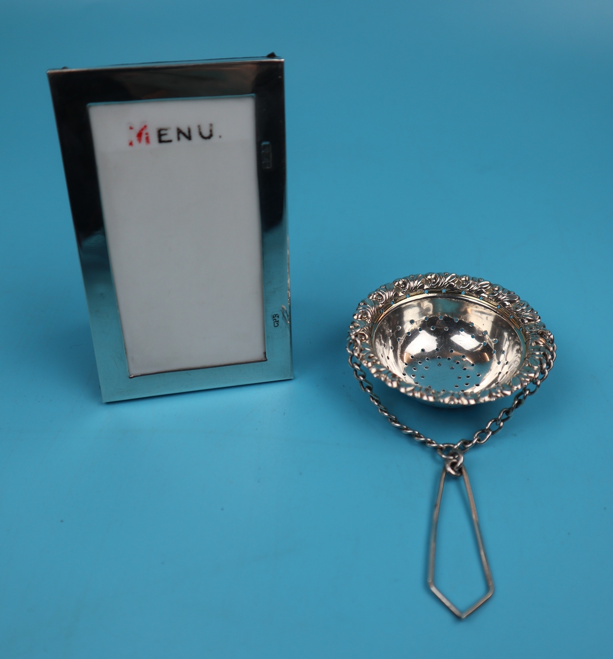 Hallmarked silver spout strainer - 1922 Levi & Salaman and small menu holder - Birmingham 1903