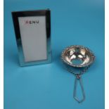 Hallmarked silver spout strainer - 1922 Levi & Salaman and small menu holder - Birmingham 1903