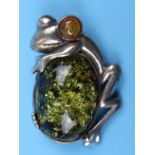 Amber & silver frog brooch