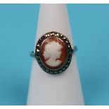 Silver cameo & marcasite ring