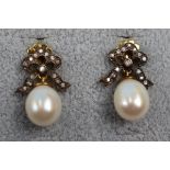Pair of pearl & diamond bow earrings