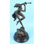 Bronze lady figure playing horn on marble base - Approx H: 38cm