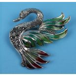 Plique-à-jour & silver swan pendant/brooch