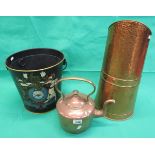 2 pieces of copper & bargeware bucket with family crest