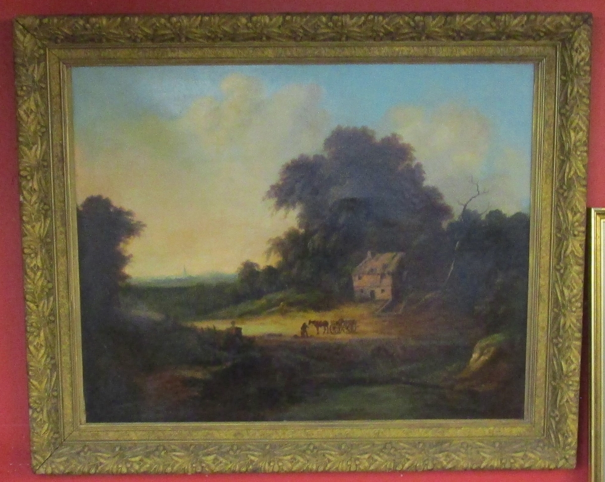 Large 19th century oil painting in gilt frame - Country scene - Image size 94cm x 74cm