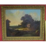 Large 19th century oil painting in gilt frame - Country scene - Image size 94cm x 74cm